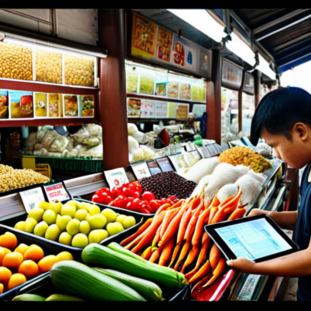 **

Prompt: A bustling Thai market scene. Focus on a vendor using a tablet to analyze customer data for personalized recommendations. Incorporate Thai script on signage and product packaging. Highlight the blend of traditional market atmosphere with modern data analysis.

**
