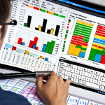 ** A data analyst carefully examining a spreadsheet filled with colorful charts and graphs, surrounded by tools like Python code and database icons. The scene emphasizes understanding data quality and identifying potential issues.

**