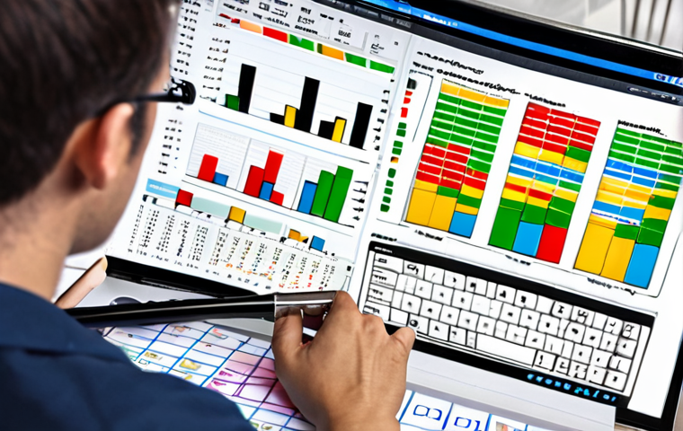 ** A data analyst carefully examining a spreadsheet filled with colorful charts and graphs, surrounded by tools like Python code and database icons. The scene emphasizes understanding data quality and identifying potential issues.

**