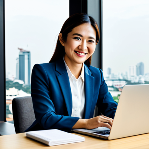 Home 22 Successful Thai Entrepreneur**
"A confident, professional Thai woman in her late 30s, fully clothed in a stylish, modest business suit, sitting at a modern desk in a bright, contemporary office in Bangkok. Large windows overlook a vibrant cityscape. She is smiling warmly and working on a laptop. Perfect anatomy, correct proportions, natural pose, well-formed hands, proper finger count, natural body proportions. Safe for work, appropriate content, professional, family-friendly, high-quality rendering, realistic lighting, 8k resolution."
**