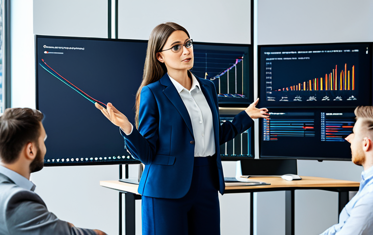 Data Visualization Expert**
"A professional data scientist, fully clothed in modest business casual attire, presenting a complex data visualization on a large screen in a modern office setting. She is gesturing towards the screen with a pointer. Background includes a team of colleagues observing attentively. Safe for work, appropriate content, perfect anatomy, correct proportions, well-formed hands, natural pose, professional, family-friendly."
**
