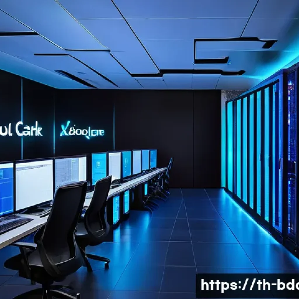 빅데이터 기술자와 대용량 데이터 처리 기술 - A modern data center environment in Thailand, showcasing rows of high-tech servers with glowing LED ...