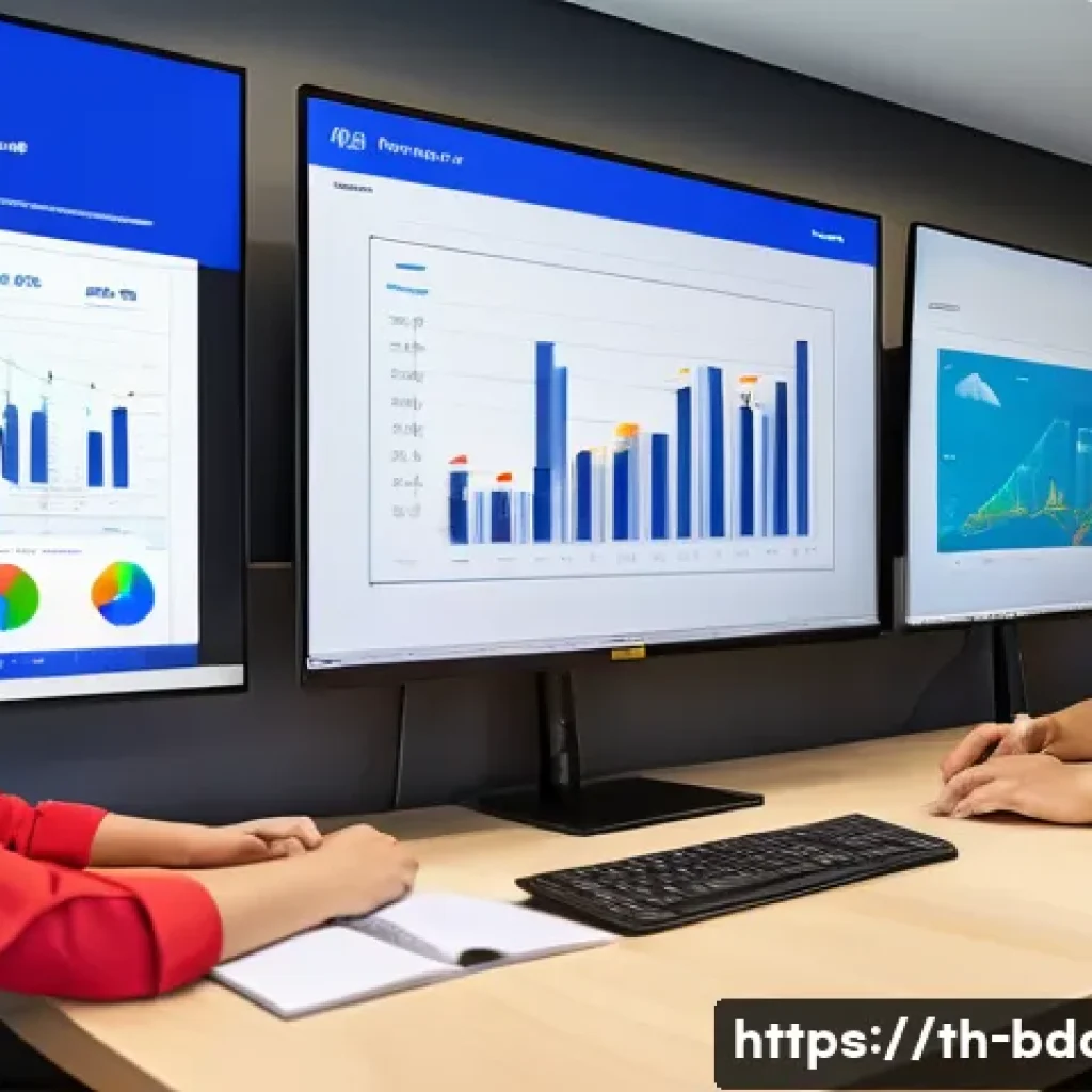 빅데이터 분석 도구 무료 유료 비교 - A modern Thai office environment with diverse professionals collaborating on big data analysis using...