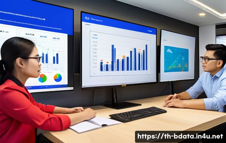 빅데이터 분석 도구 무료 유료 비교 - A modern Thai office environment with diverse professionals collaborating on big data analysis using...