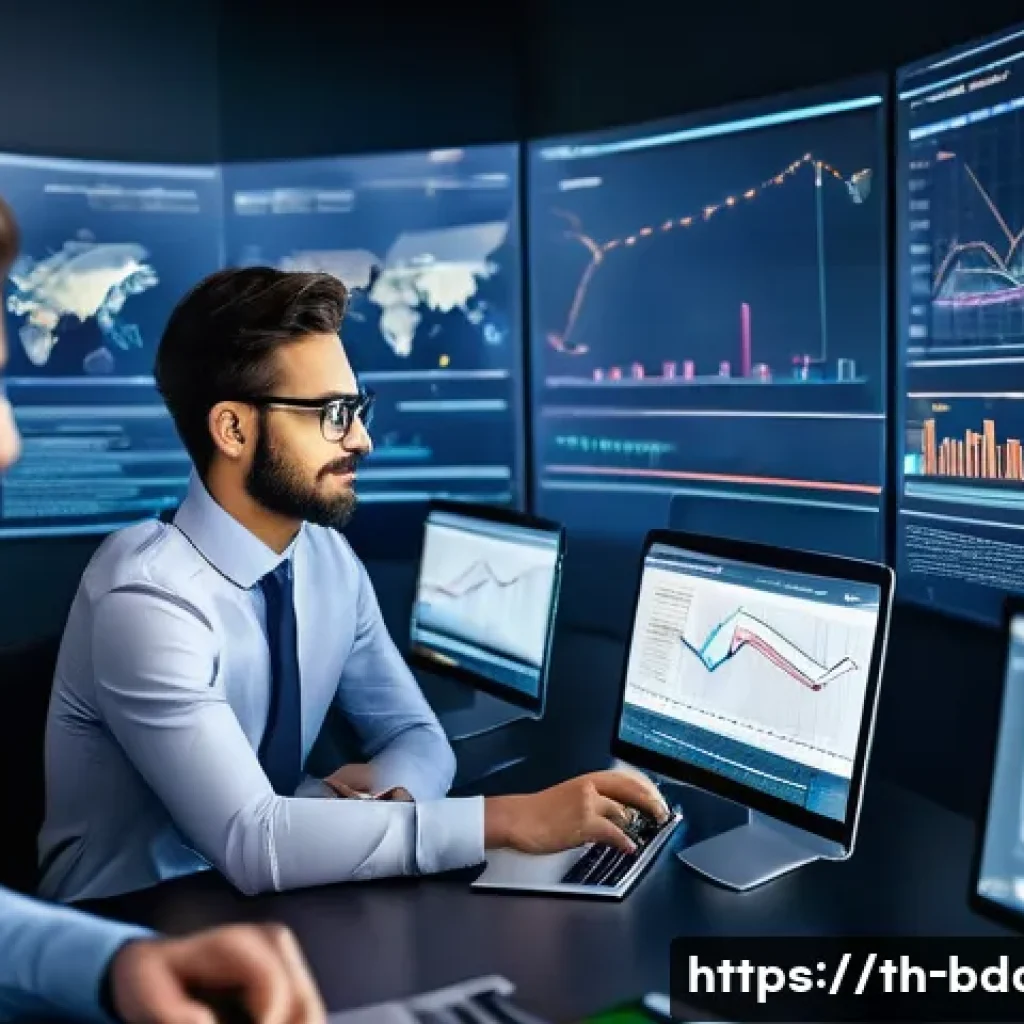 빅데이터 기술자의 데이터 흐름 분석 사례 - A modern data engineering team in a sleek, high-tech office environment, focused on monitoring real-...