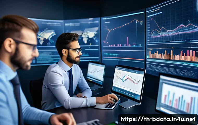 빅데이터 기술자의 데이터 흐름 분석 사례 - A modern data engineering team in a sleek, high-tech office environment, focused on monitoring real-...