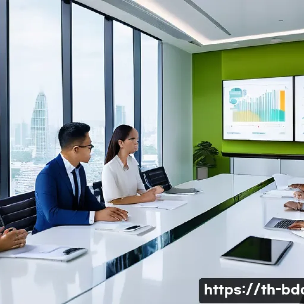 빅데이터 기술자와 협업하는 방법 - A modern office meeting room in Bangkok with a diverse Thai Big Data team collaborating openly aroun...