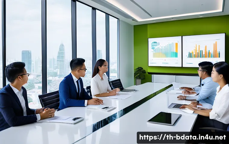 빅데이터 기술자와 협업하는 방법 - A modern office meeting room in Bangkok with a diverse Thai Big Data team collaborating openly aroun...