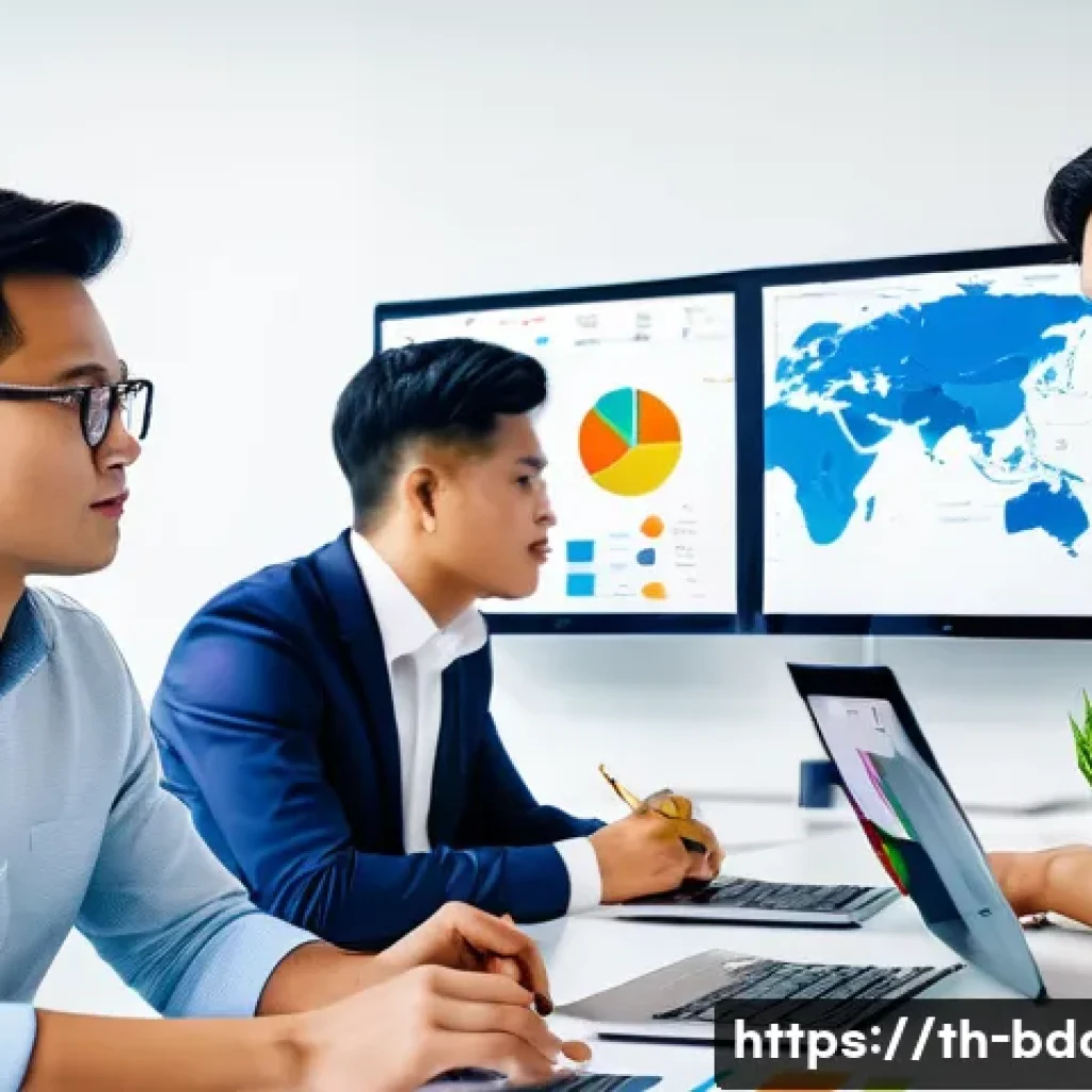 빅데이터 기술자의 데이터 분석 커리어 조언 - A modern office scene in Bangkok with a diverse team of Thai data analysts collaborating around a la...