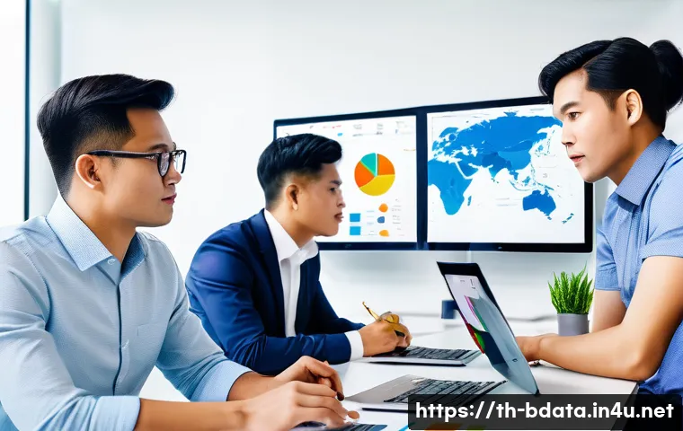 빅데이터 기술자의 데이터 분석 커리어 조언 - A modern office scene in Bangkok with a diverse team of Thai data analysts collaborating around a la...