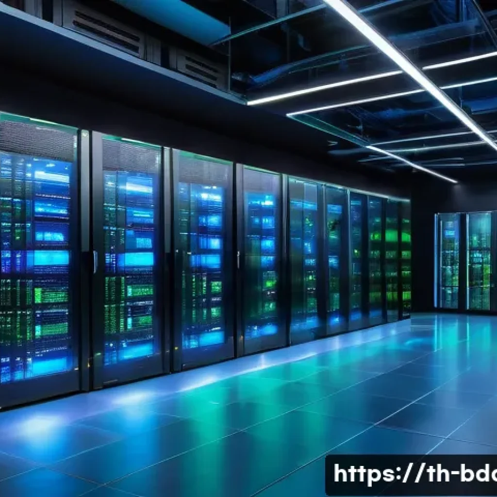 빅데이터 실무에서의 대규모 데이터 처리 방법 - A modern corporate data center with multiple high-tech servers arranged in rows, glowing with blue a...