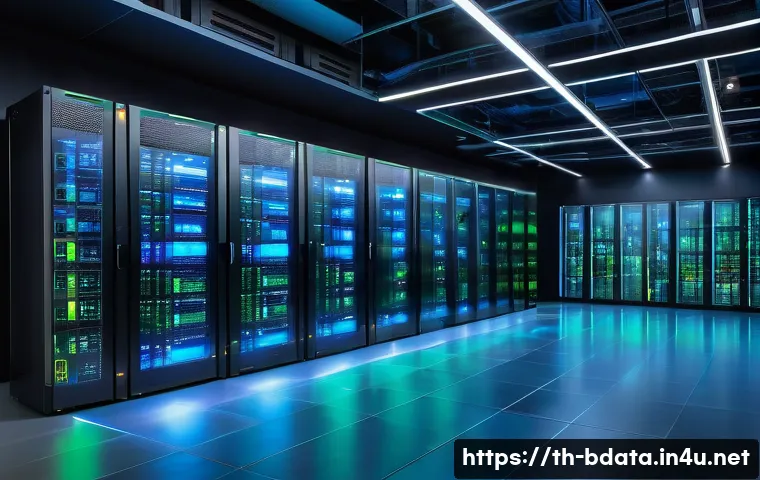 빅데이터 실무에서의 대규모 데이터 처리 방법 - A modern corporate data center with multiple high-tech servers arranged in rows, glowing with blue a...