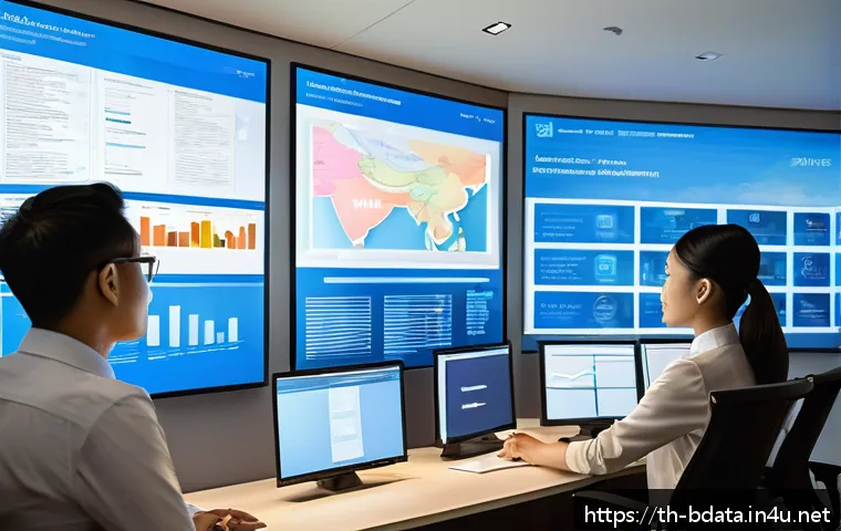 빅데이터 실무에서 데이터 자산 관리 사례 - A modern Thai office environment showing a diverse team of professionals collaborating around a larg...
