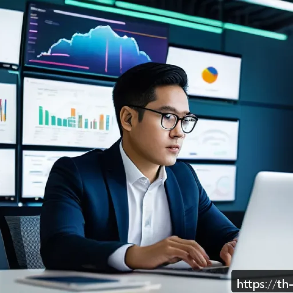 빅데이터 기술자 경력 5년 후 모습 예측 - A professional Thai Big Data analyst in a modern office setting, working intensely on a laptop displ...