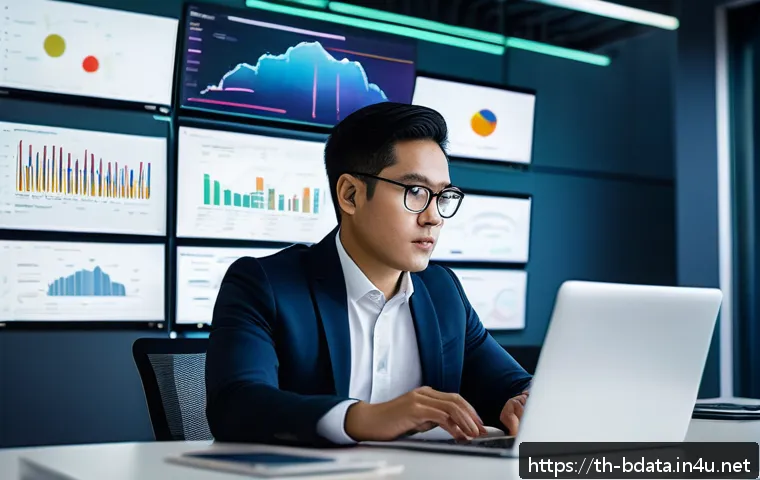 빅데이터 기술자 경력 5년 후 모습 예측 - A professional Thai Big Data analyst in a modern office setting, working intensely on a laptop displ...