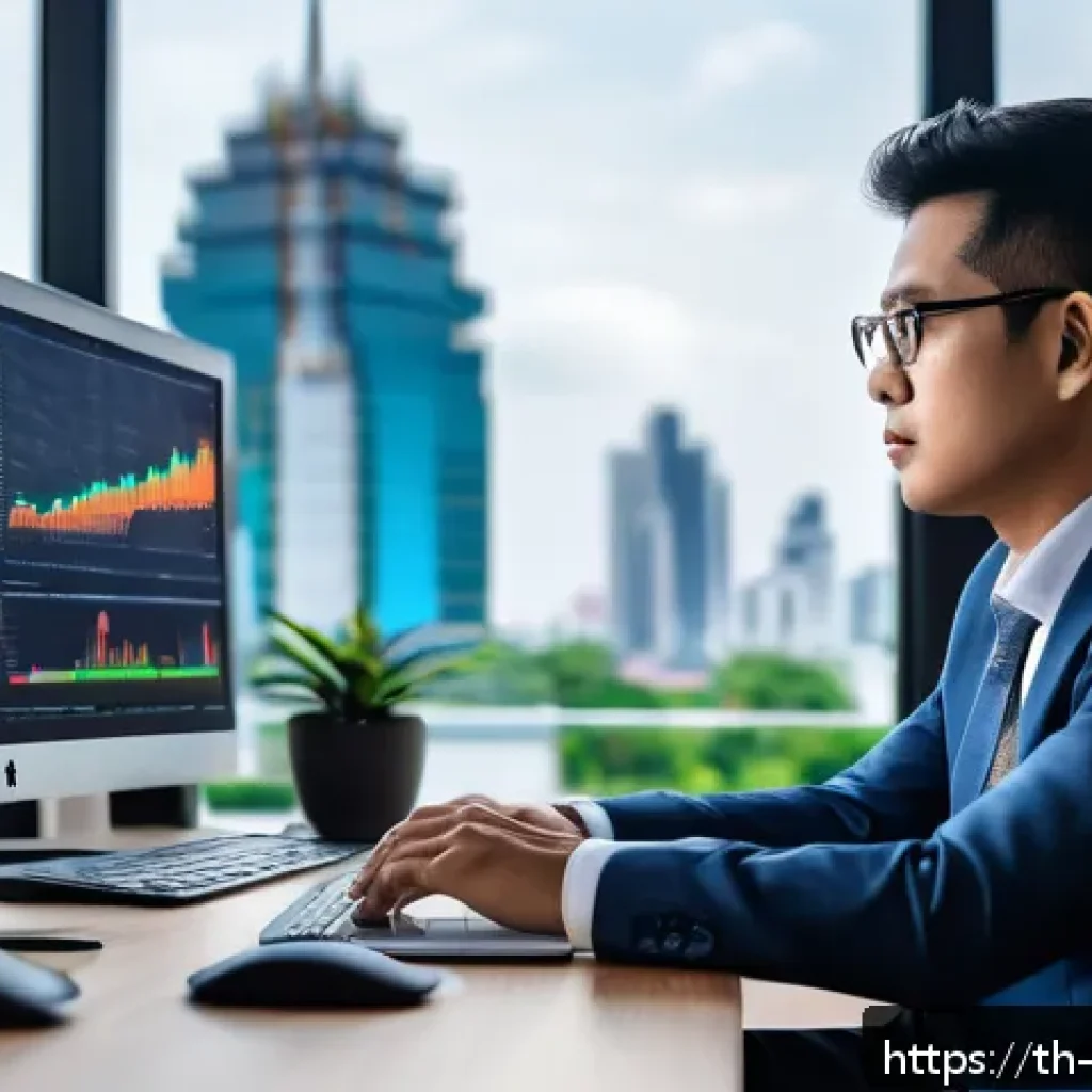 빅데이터 기술자의 직무별 일과 - A modern office scene showing a Thai big data analyst at work, sitting at a sleek desk with multiple...