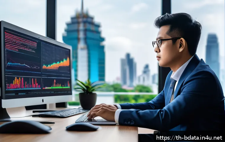 빅데이터 기술자의 직무별 일과 - A modern office scene showing a Thai big data analyst at work, sitting at a sleek desk with multiple...