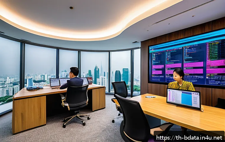 빅데이터 실무에서 데이터 거버넌스의 역할 - A modern office scene in a Bangkok high-rise building showing a diverse Thai data management team co...