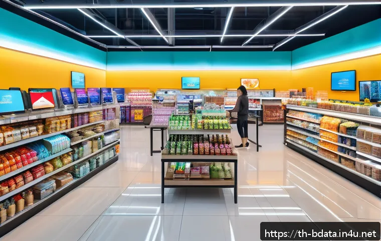 빅데이터 실무에서의 머신러닝 적용 사례 - A modern Thai retail store interior with diverse customers shopping, advanced digital screens displa...