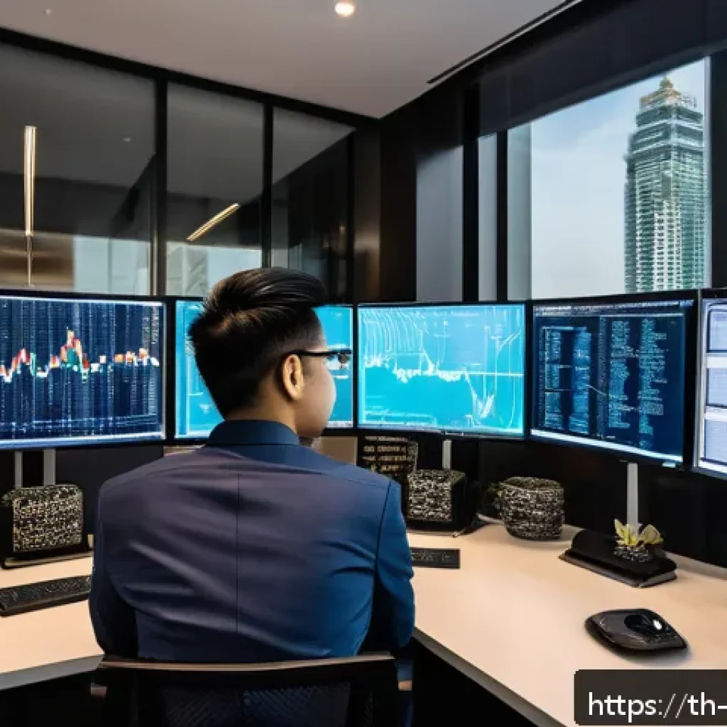 빅데이터 기술자와 파이썬의 고급 활용법 - A modern data scientist working in a sleek Bangkok office, surrounded by multiple computer monitors ...