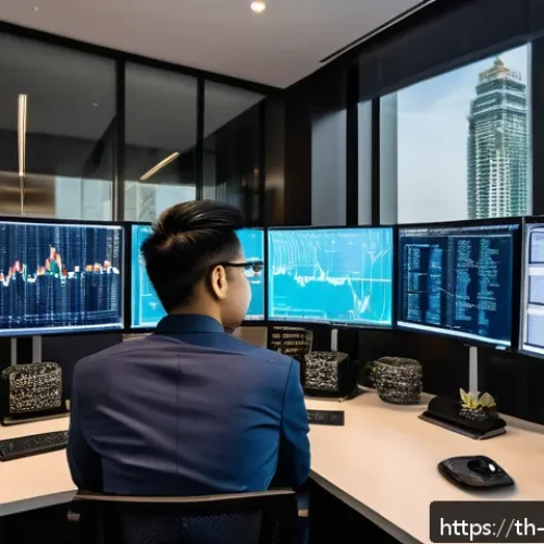 Home 31 빅데이터 기술자와 파이썬의 고급 활용법 - A modern data scientist working in a sleek Bangkok office, surrounded by multiple computer monitors ...