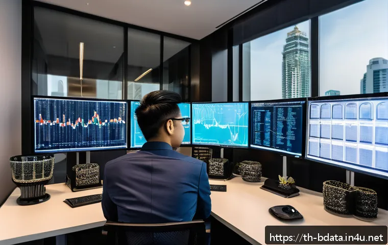빅데이터 기술자와 파이썬의 고급 활용법 - A modern data scientist working in a sleek Bangkok office, surrounded by multiple computer monitors ...