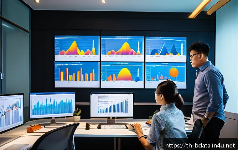 빅데이터 실무에서 데이터 분류 모델 사례 - A modern office setting in Bangkok with a diverse team of Thai data scientists analyzing customer be...