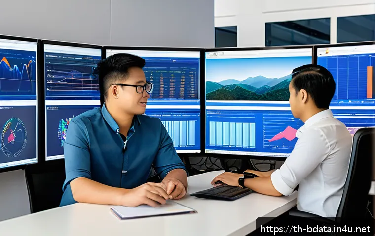 빅데이터 기술자와 클라우드 환경의 데이터 처리 - A detailed professional workspace showing a diverse team of Thai IT specialists collaborating on clo...