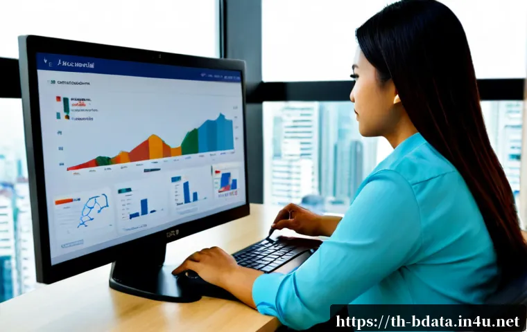 Home 29 빅데이터 기술자의 고객 데이터 분석 방법 - Photorealistic Thai big data analyst reviewing customer behavior on a large clean monitor with abstr...